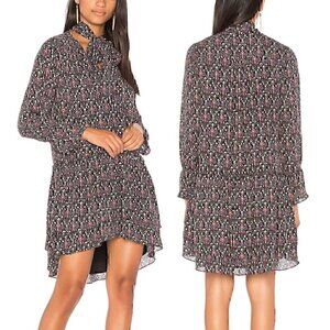 JOIE Jamira Dress Black Blue Red Floral Tie Neck Bow Asym Ruffle SILK Mini